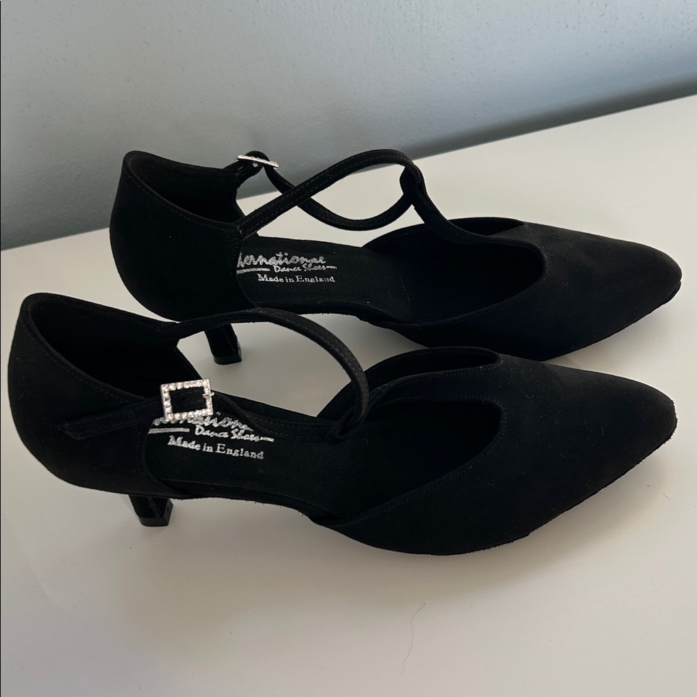 International Dance Shoes Mary Jane Heels Suede Rhinestone Buckle Narrow